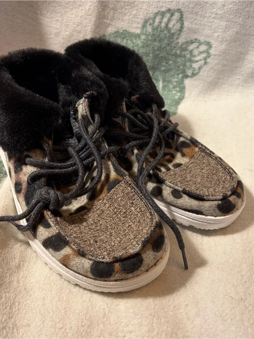 Hey Dude Kids Leopard Print Slip-On Shoes with Black Faux-Fur Collar